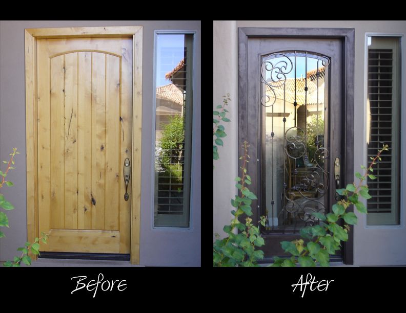 A before and after picture of a wooden door