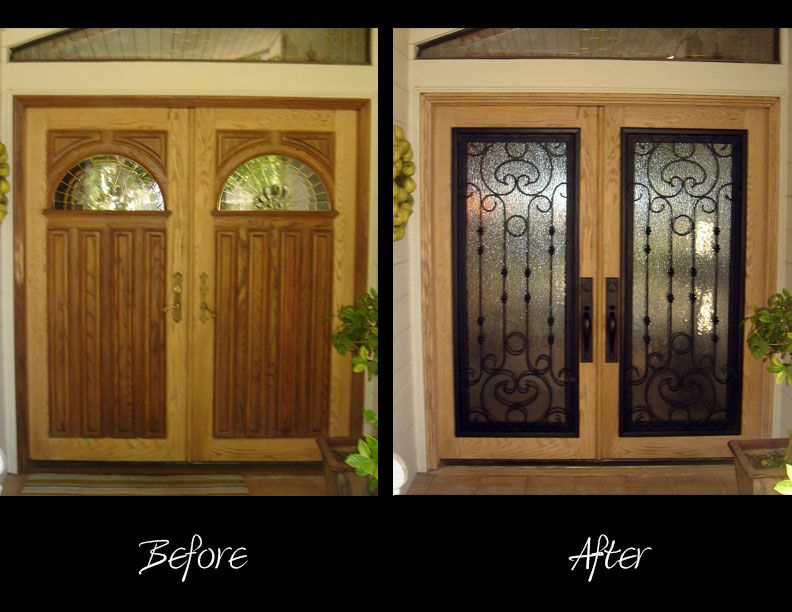A before and after picture of a wooden door