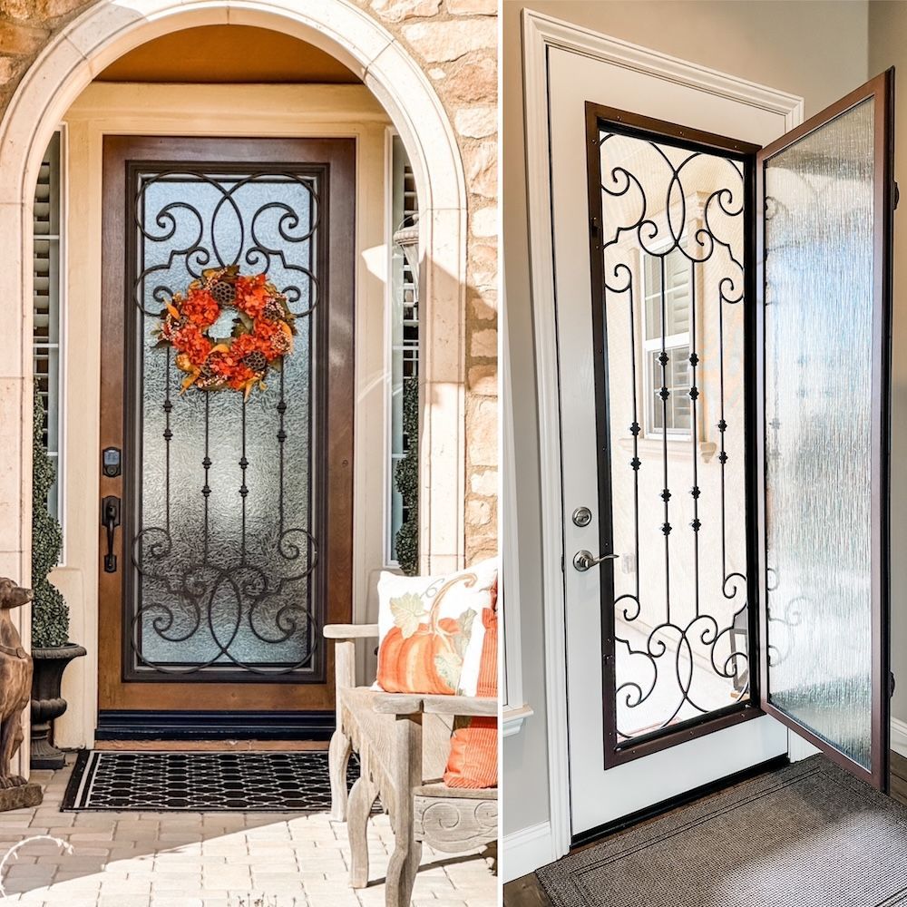 A door with a wreath on it and a door with a wrought iron grill.