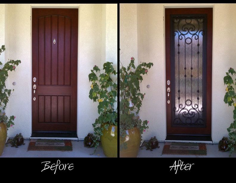 A before and after picture of a front door