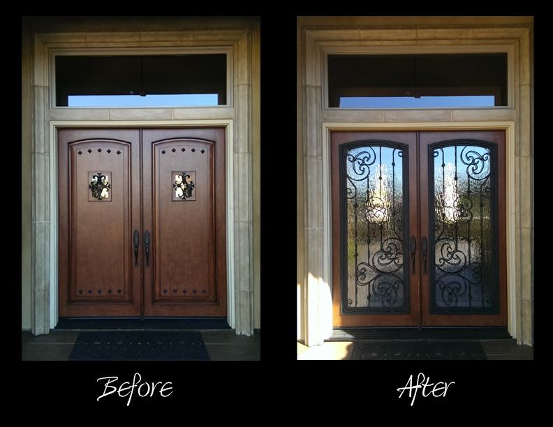 A before and after picture of a wooden door