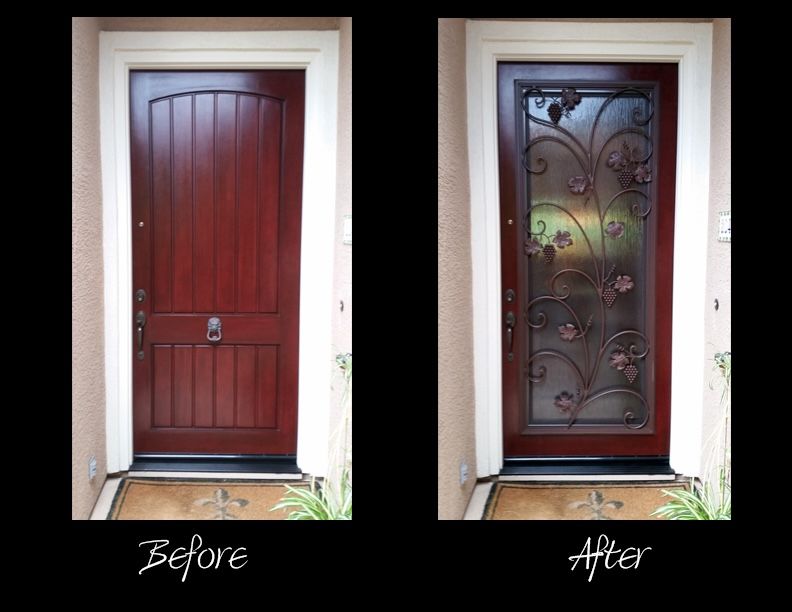 A before and after picture of a red door