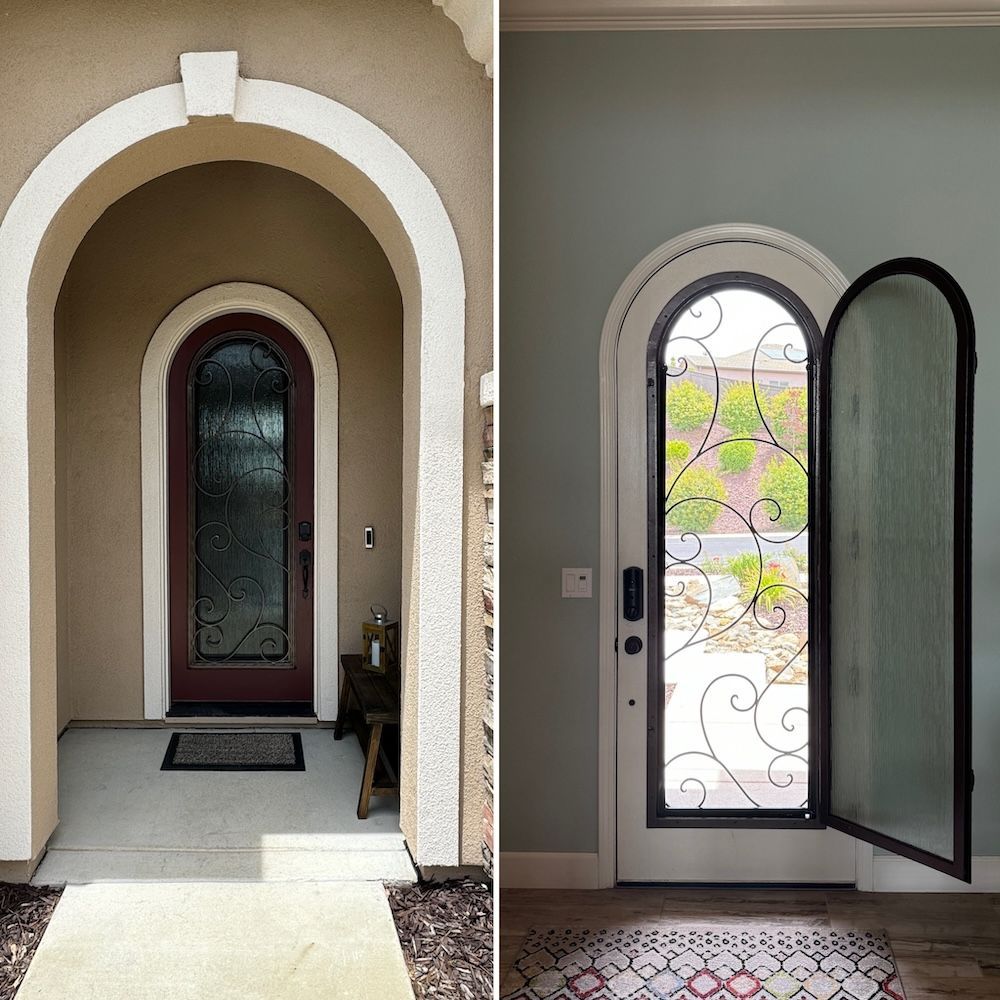 A before and after photo of a front door
