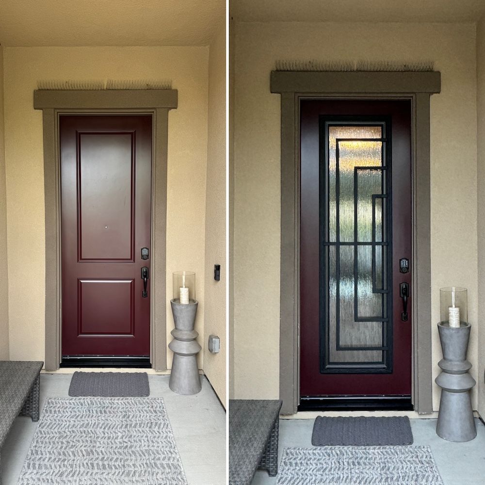 A before and after picture of a red front door
