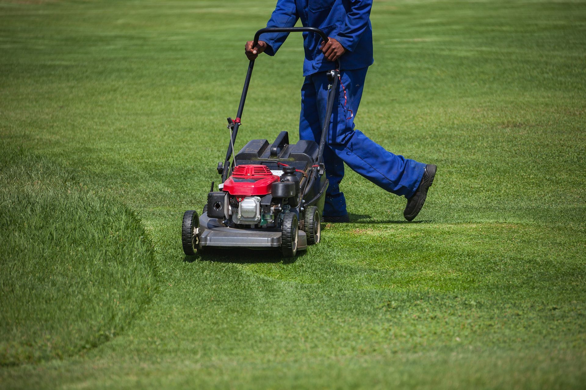 An aerial view of a man using a lawn mower on a lush green lawn.