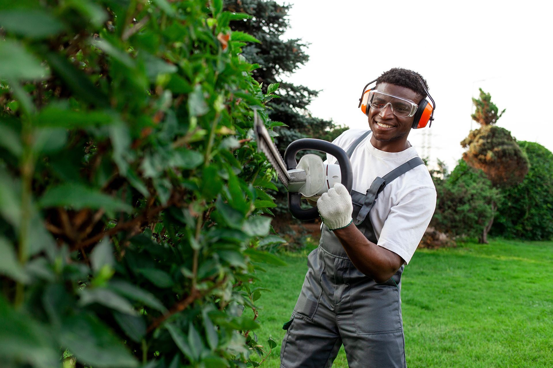 Man wearing safety gear, trimming a green hedge with a power tool in a yard.