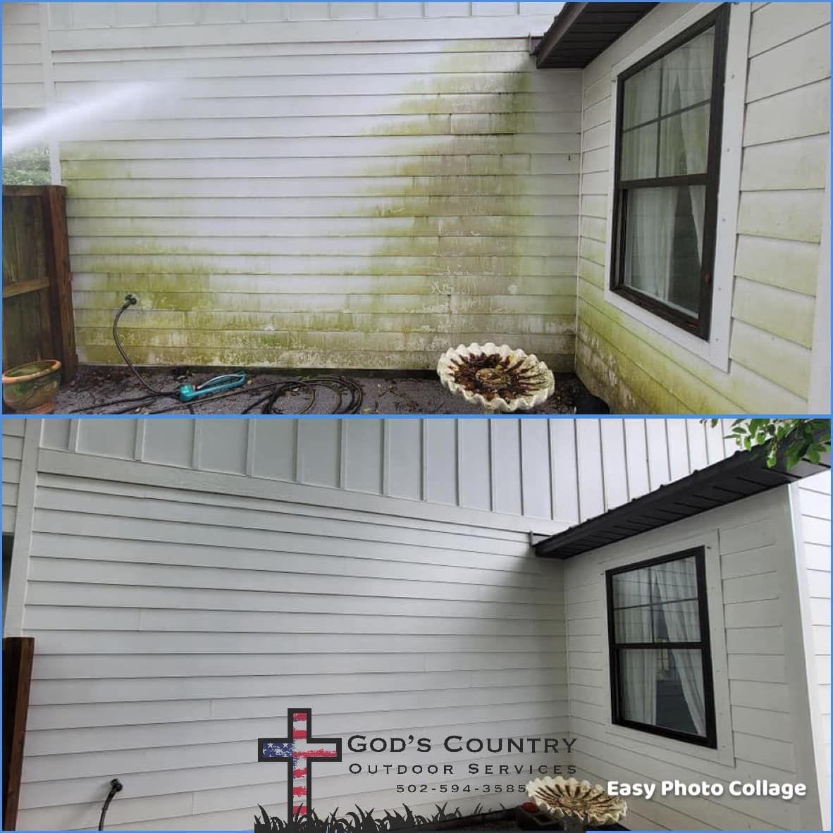A Before and After Photos of a Wall of a House - Mount Washington, KY - God’s Country Outdoor Services 