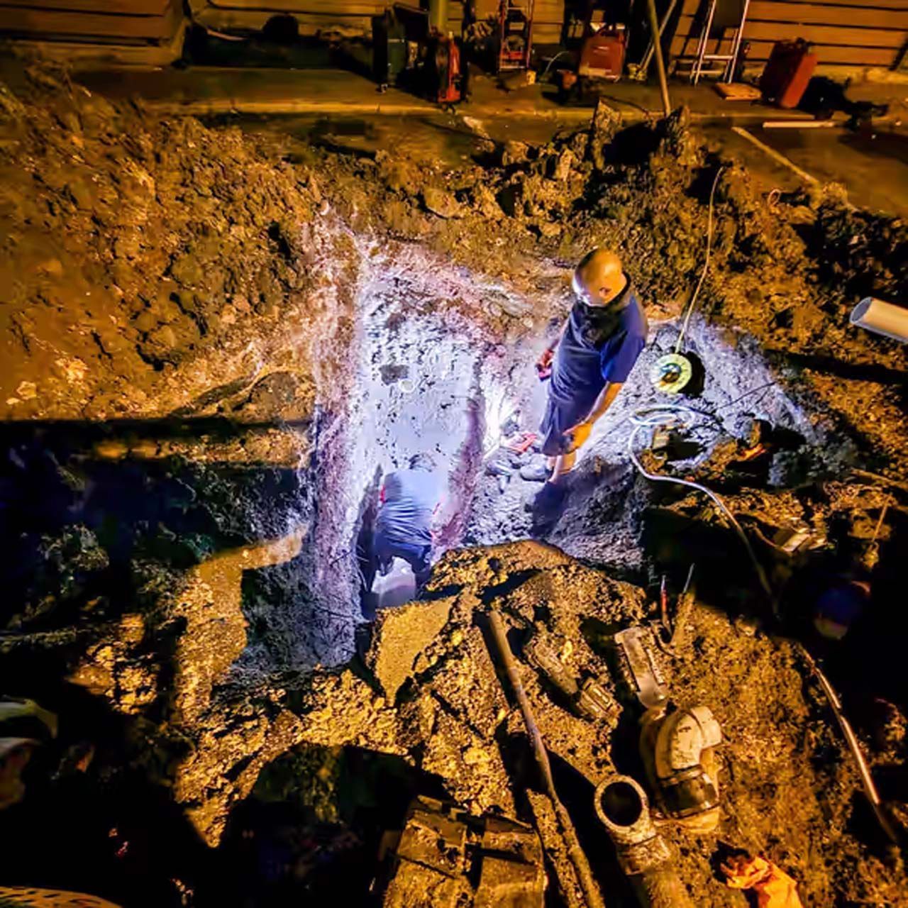 A man is standing in a hole in the ground at night.