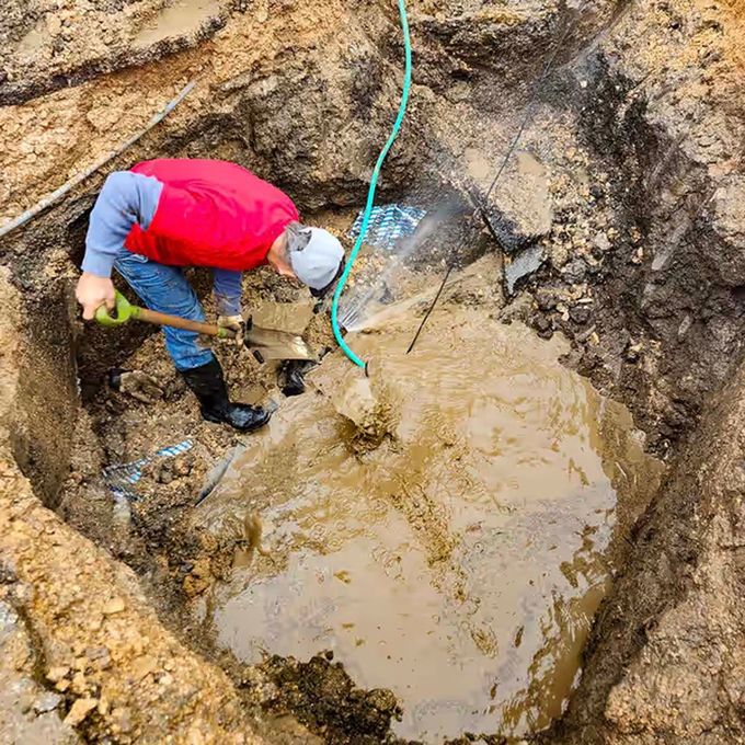 A man is digging in a muddy hole with a shovel.