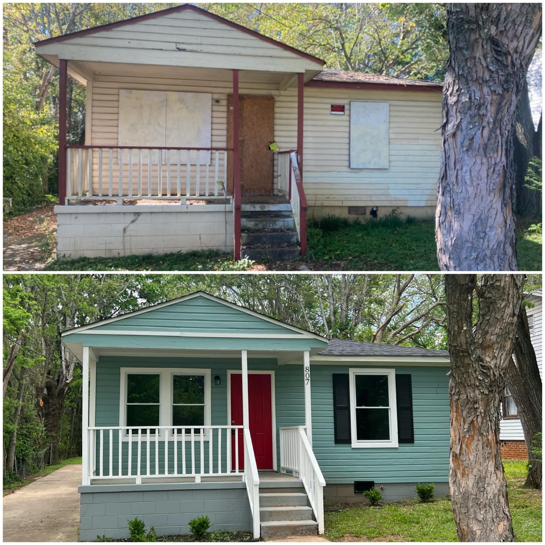 A before and after picture of a house that has been remodeled.