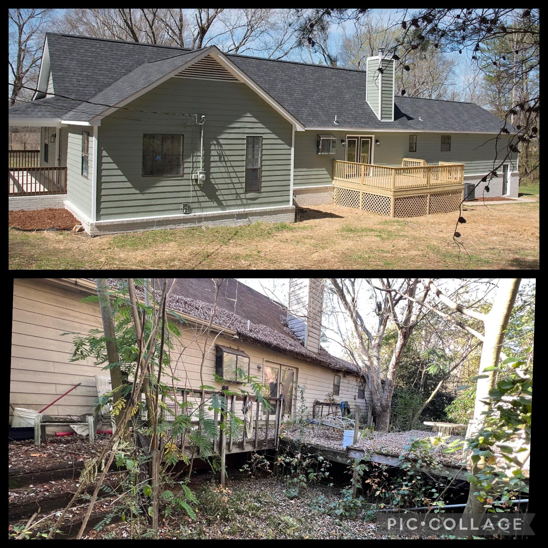 A before and after picture of a house with a deck