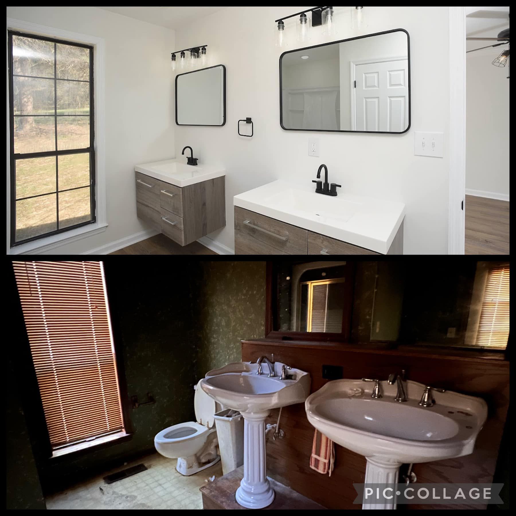A before and after photo of a bathroom with two sinks
