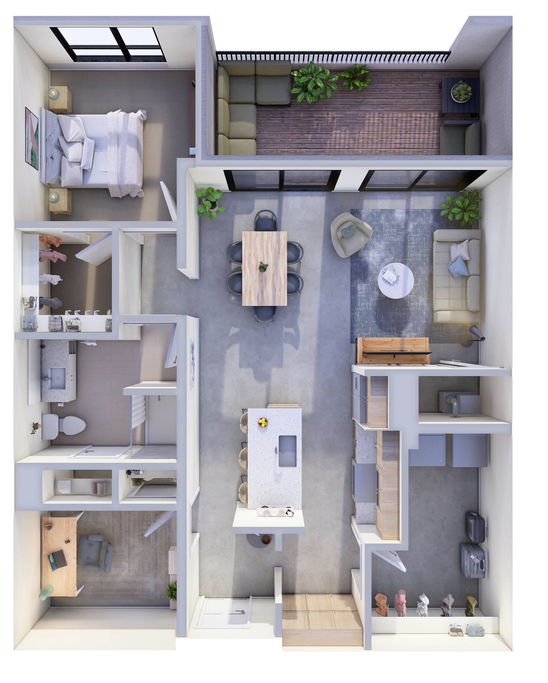 Top-down floor plan of a modern apartment with bedrooms, bathroom, kitchen, and living area.