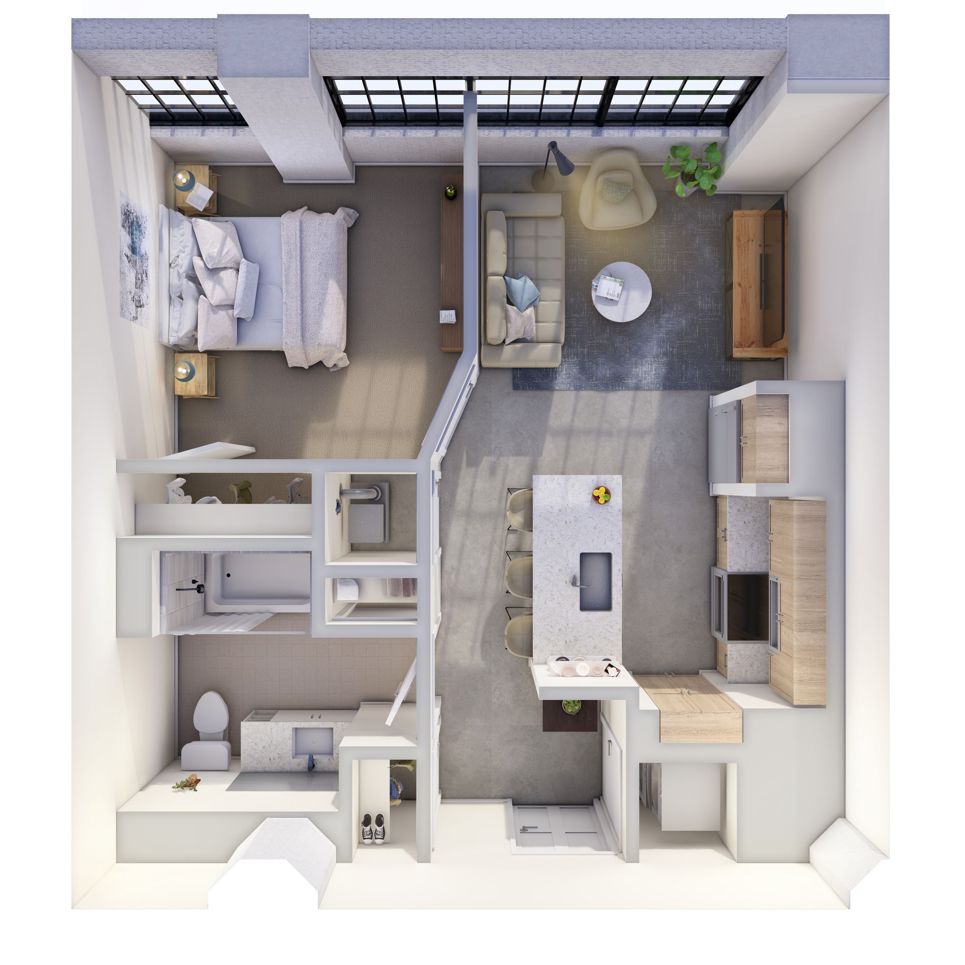 Top-down floor plan of a modern two-bedroom apartment with kitchen, living area, bathroom, and patio.