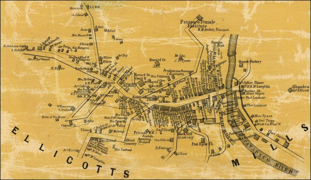 Sepia vintage map of a town or coastline with dense handwritten labels and roads, titled “Elliotts”
