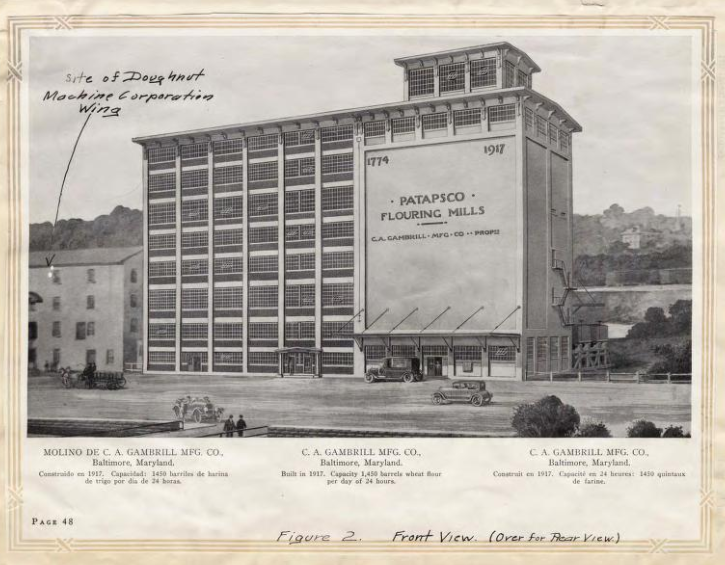 Historic black-and-white drawing of the Patapsco Flour Mills building with labeled streets and nearby figures