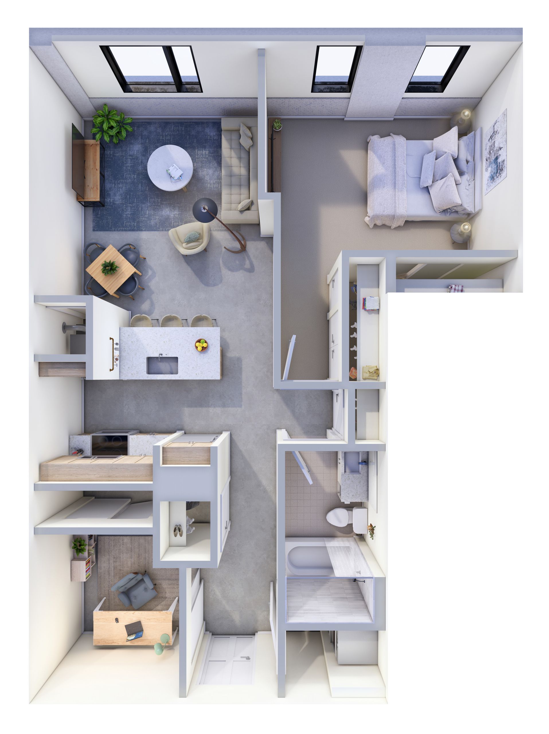 Top-down floor plan of a small apartment with bedroom, living room, kitchen, and bathroom.