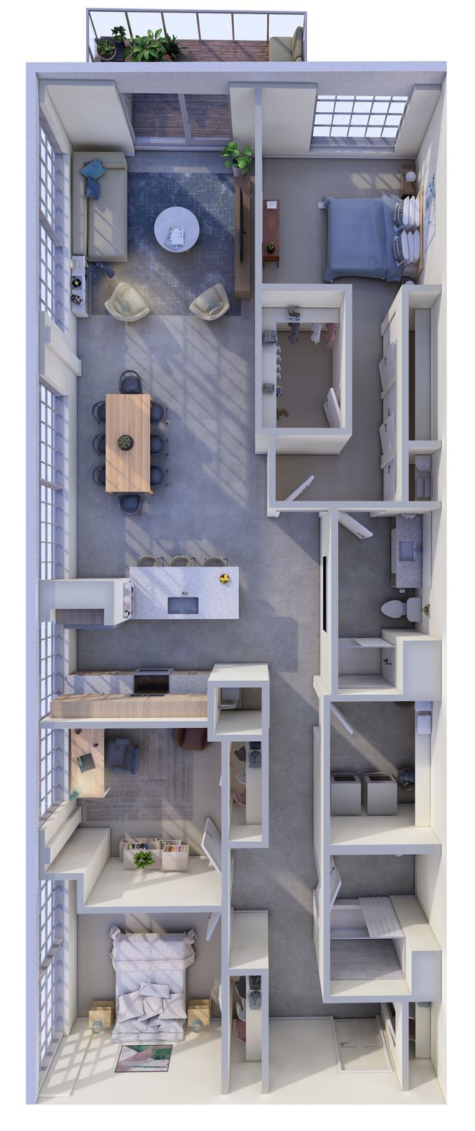 3D top-down apartment floor plan with rooms, furniture, and a balcony-like outdoor area