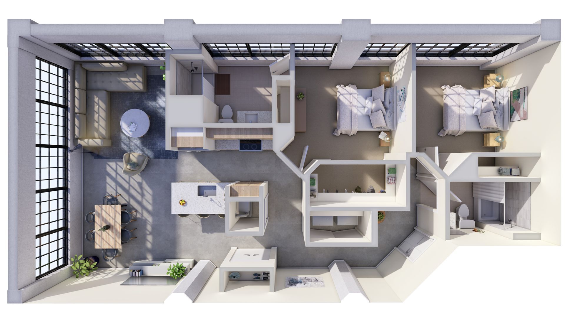 3D floor plan of a small apartment with living area, kitchen, two bedrooms, and balcony, shown in gray and blue tones