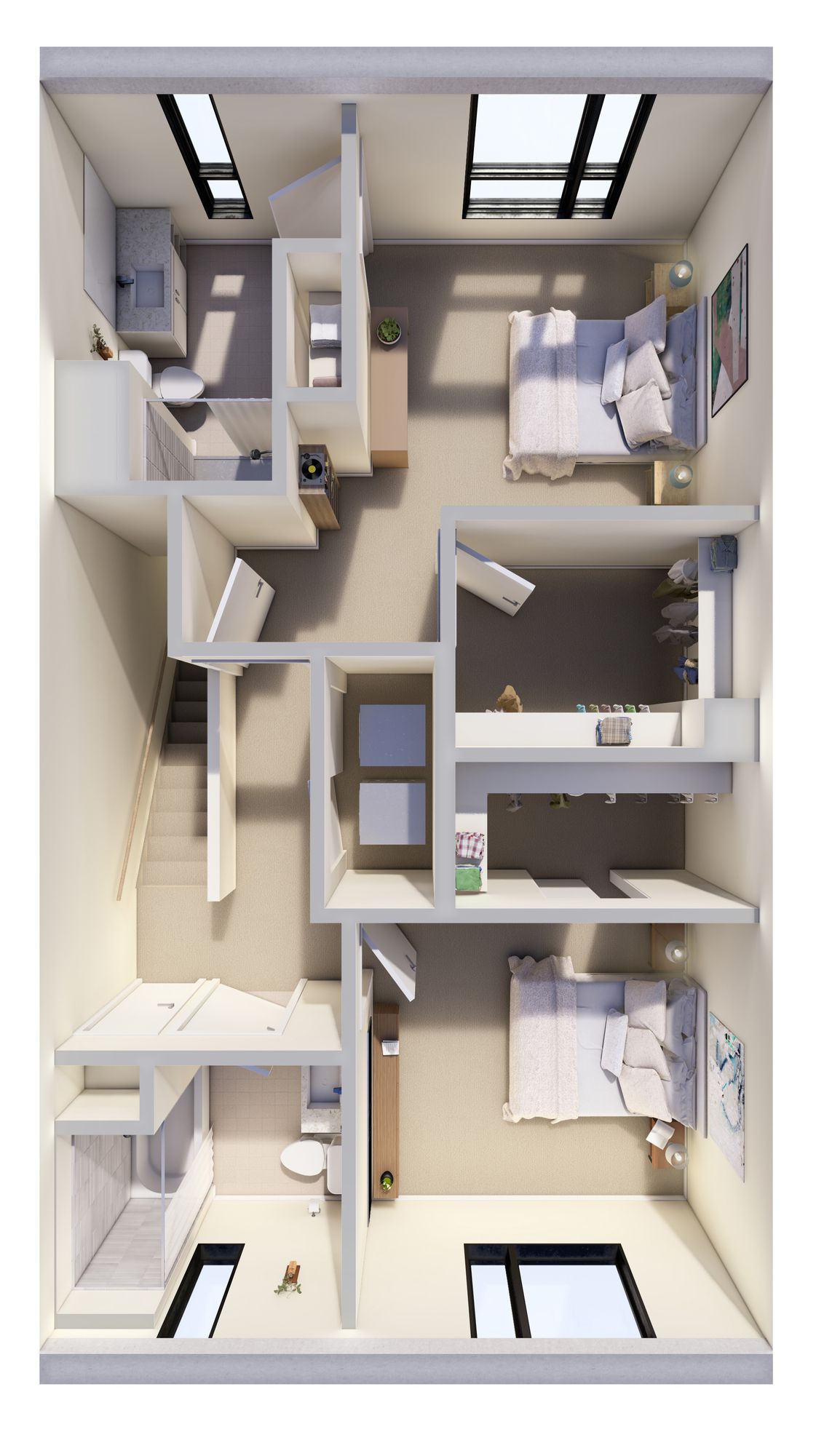 3D floor plan of a small apartment with multiple bedrooms, bathrooms, and a central hallway