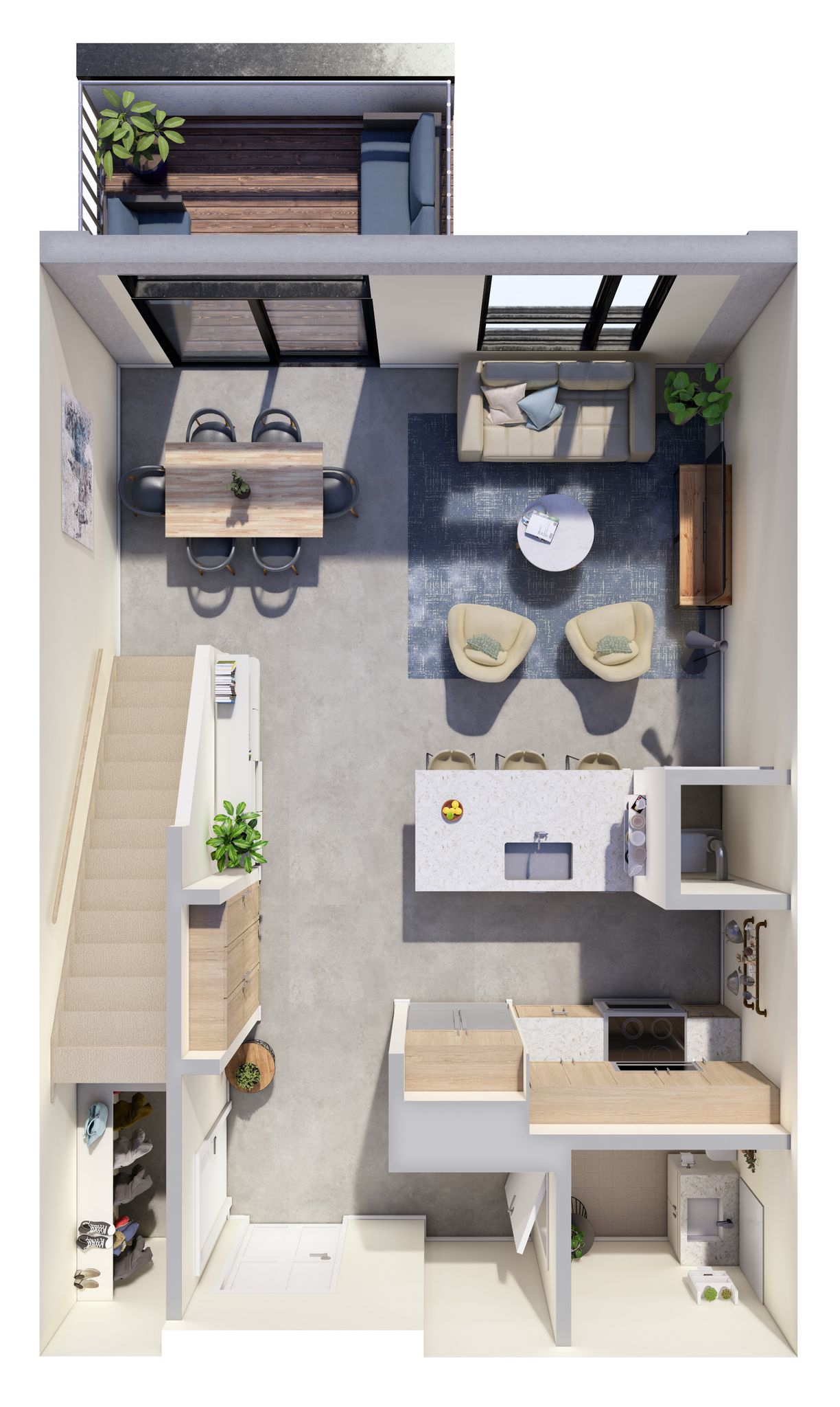 Top-down floor plan of a modern apartment with living, dining, kitchen, bedroom, and bath areas.