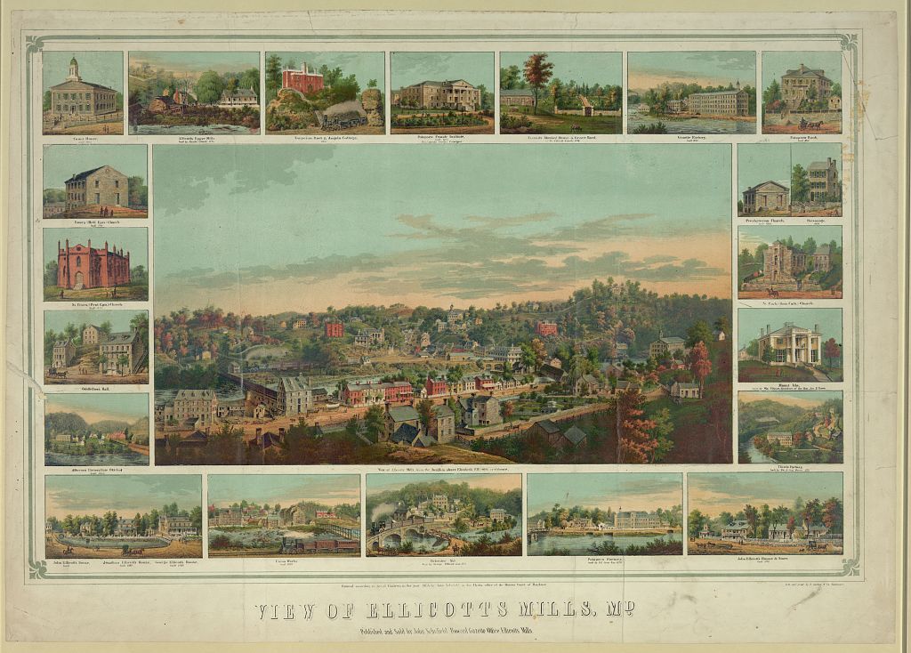 Vintage panoramic illustration of a city and harbor, framed by small scenic vignettes