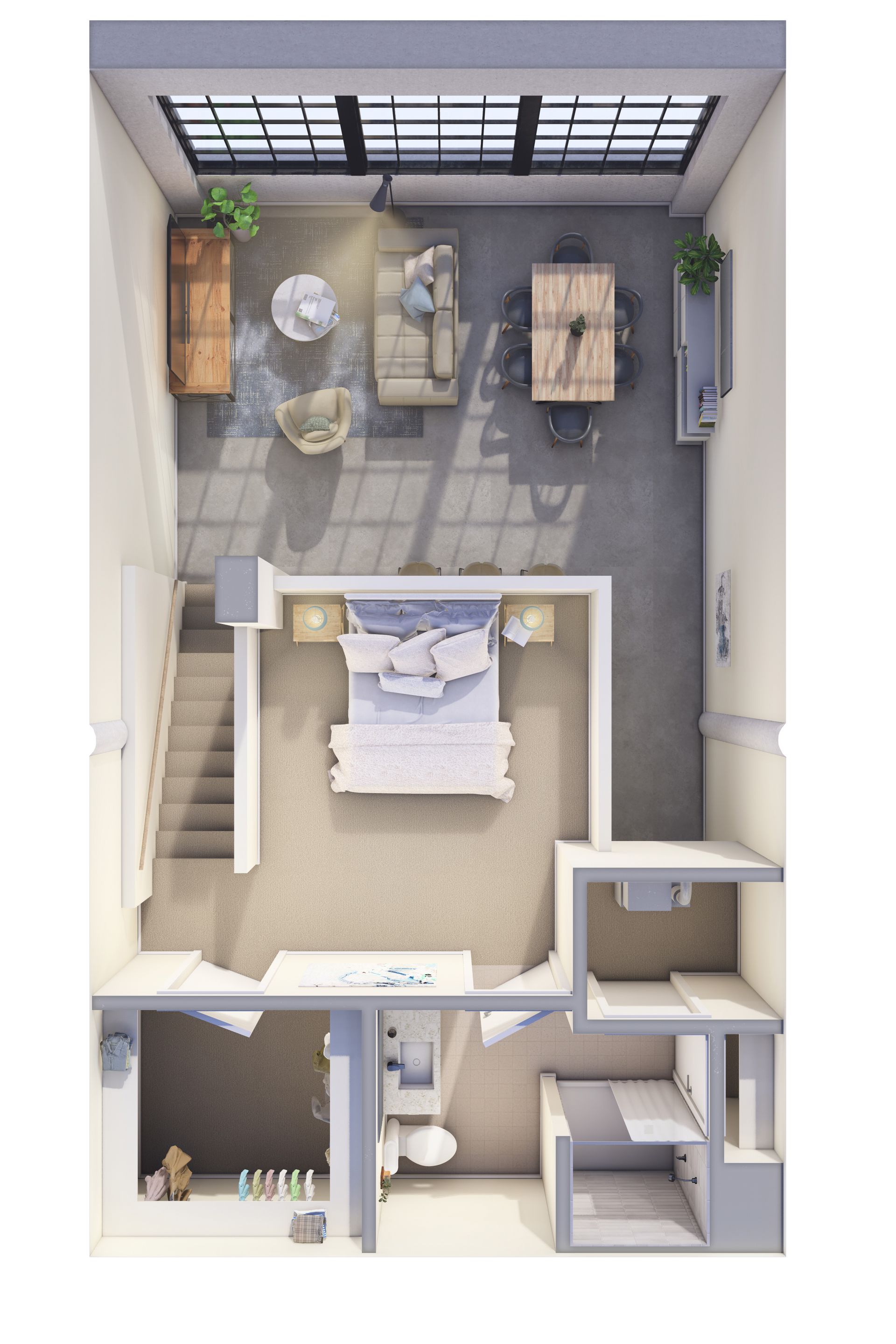 Top-down floor plan of a small apartment with bedroom, bath, stairs, and open living/dining area.