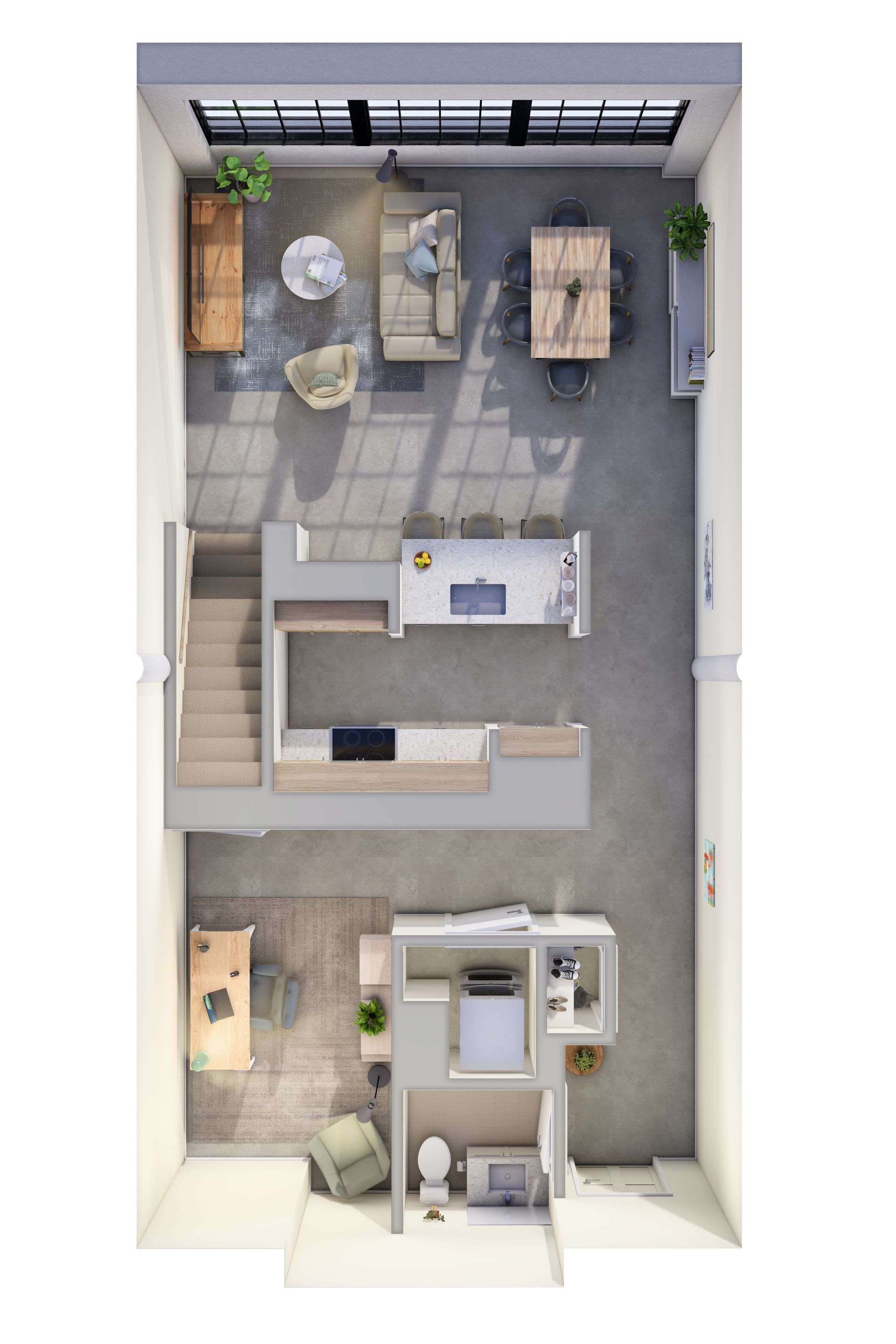 Top-down floor plan of a narrow modern apartment with living area, kitchen, bathroom, and bedroom.