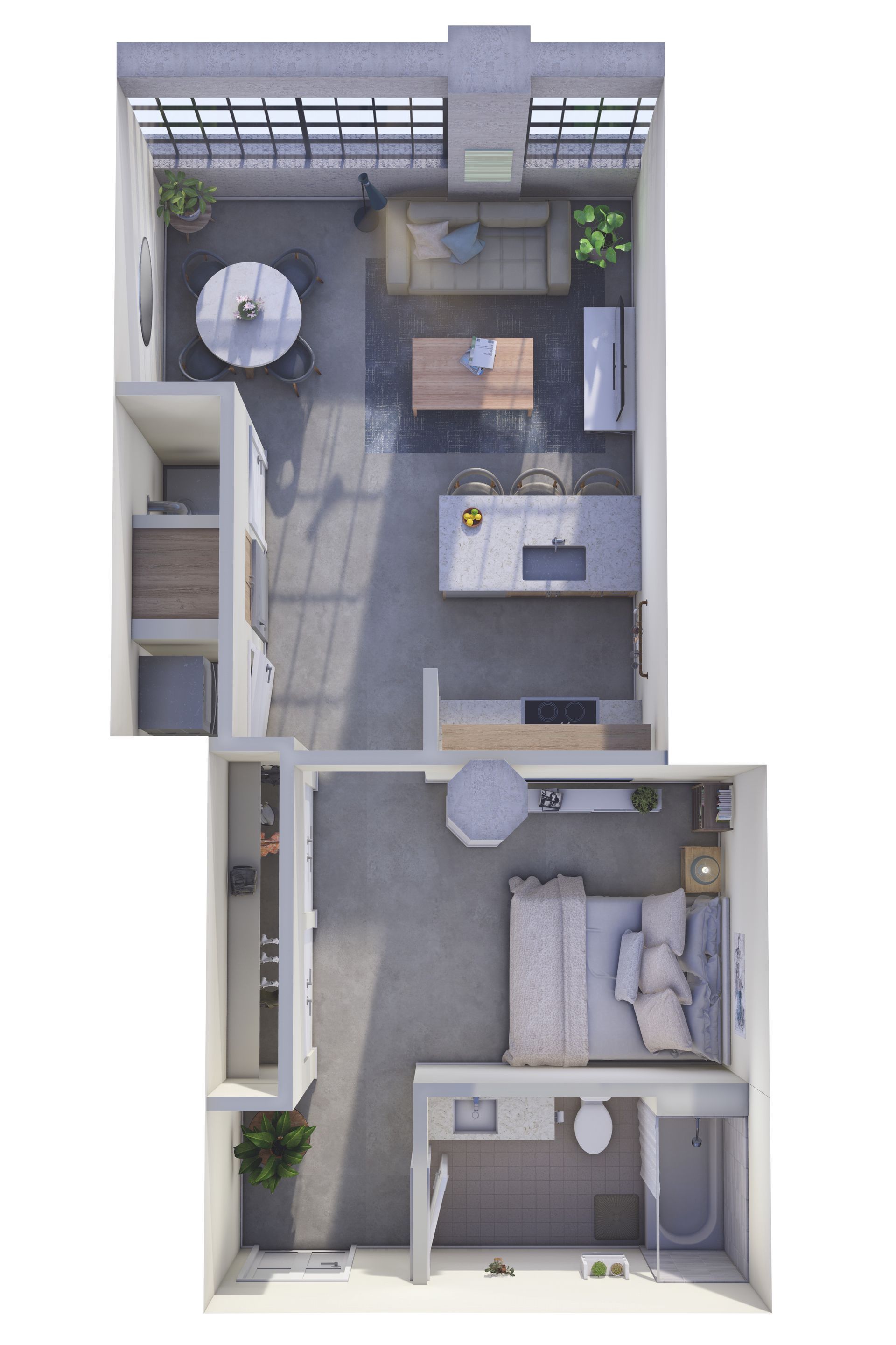 Top-down view of a modern two-level apartment with a bedroom, bathroom, living area, and rooftop terrace.