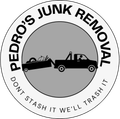 Logo: A truck towing a trailer filled with junk; "Pedro's Junk Removal." Text: "Don't stash it, we'll trash it."