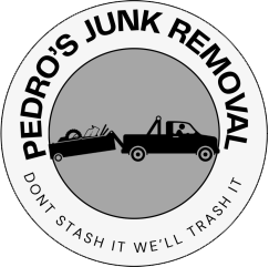 Logo: A truck towing a trailer filled with junk; "Pedro's Junk Removal." Text: "Don't stash it, we'll trash it."