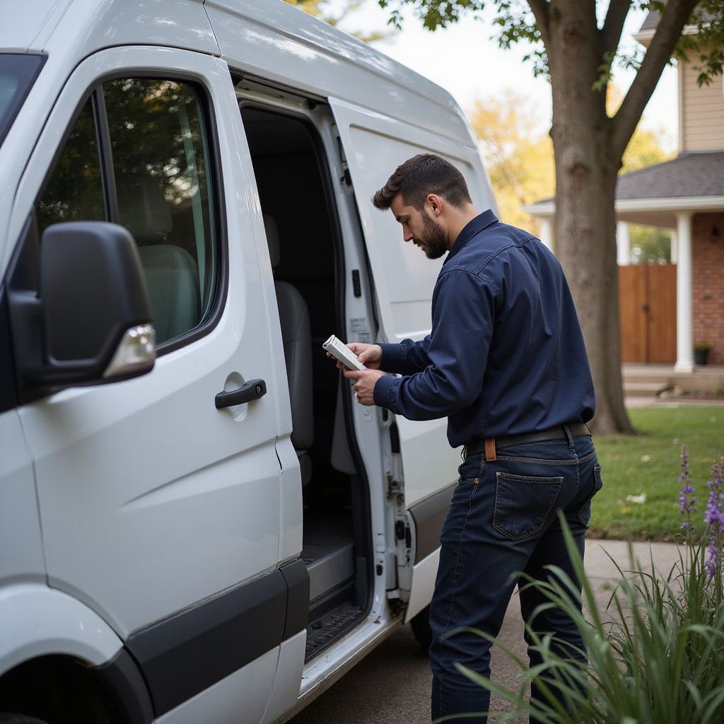 Person in blue shirt and jeans by a white van, holding a tablet, standing in front of a house.