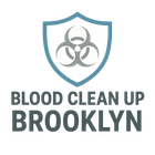 Logo for Blood Clean Up Brooklyn: Shield with biohazard symbol, teal border, grey text.