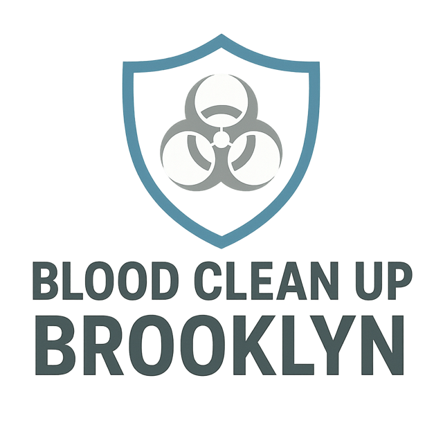 Logo for Blood Clean Up Brooklyn: Shield with biohazard symbol, teal border, grey text.