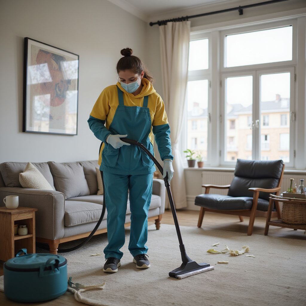 Person in blue cleaning suit and mask vacuuming a carpeted living room.