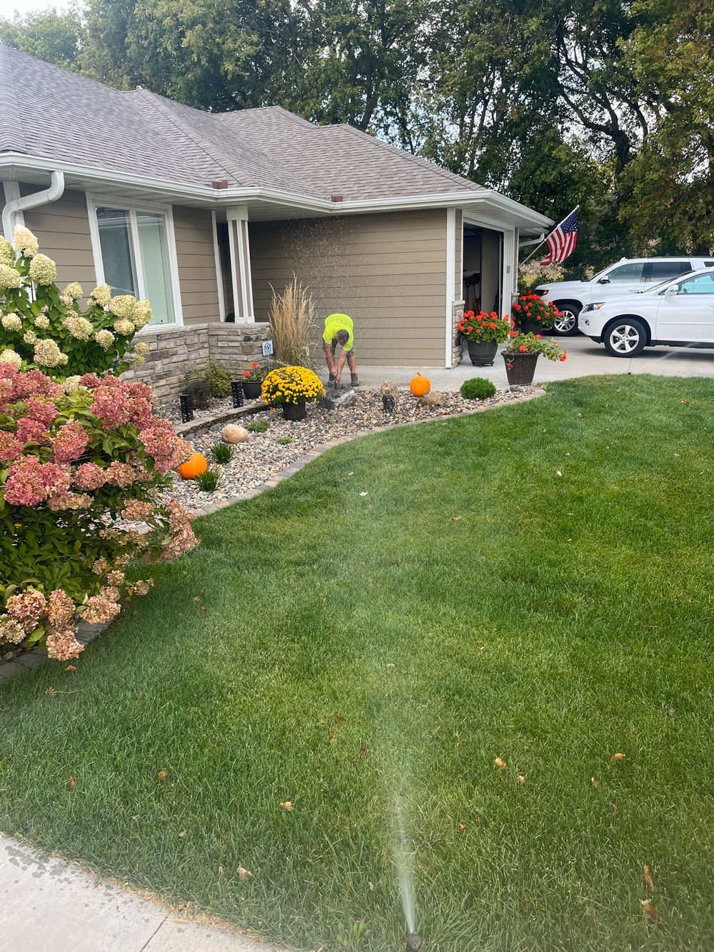 A house with a lush green lawn and flowers in front of it.