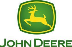 The john deere logo is green and yellow with a deer on it.
