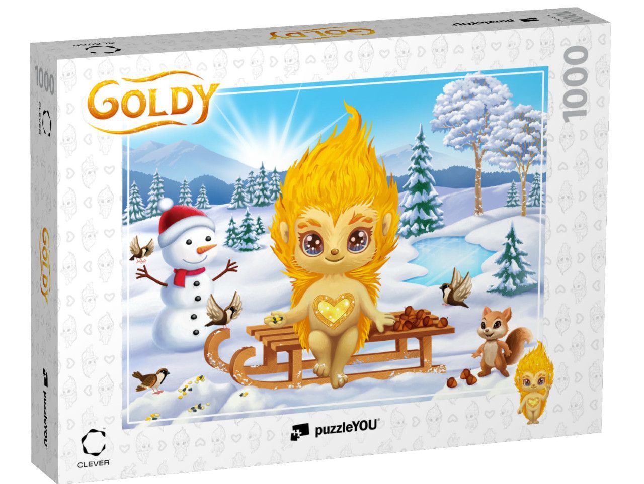 Ein goldenes Puzzle mit GOLDY auf einem Schlitten im Schnee