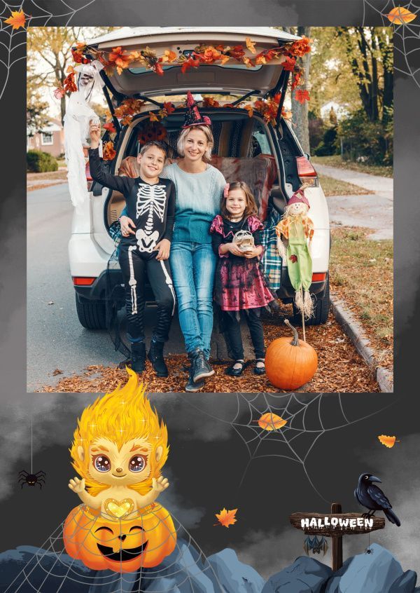 Eine Familie steht auf dem Rücksitz eines für Halloween dekorierten Autos. GOLDY