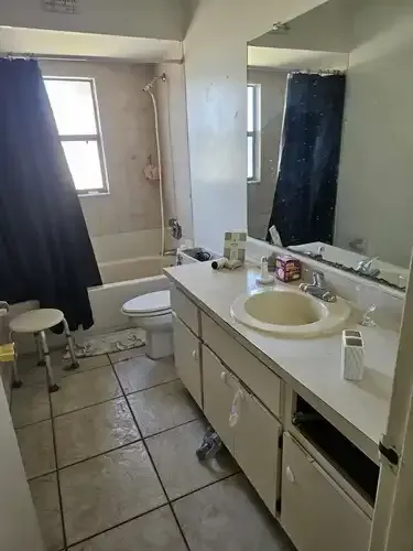 Bathroom with a toilet, vanity, tub/shower, and a black curtain.