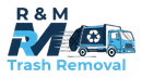Logo of "R & M Trash Removal" with a blue and white garbage truck and the recycling symbol on the truck.