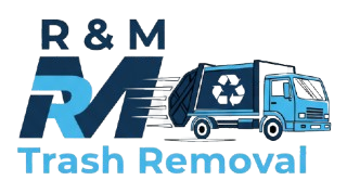 Logo of "R & M Trash Removal" with a blue and white garbage truck and the recycling symbol on the truck.