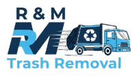 Logo of "R & M Trash Removal" with a blue and white garbage truck and the recycling symbol on the truck.