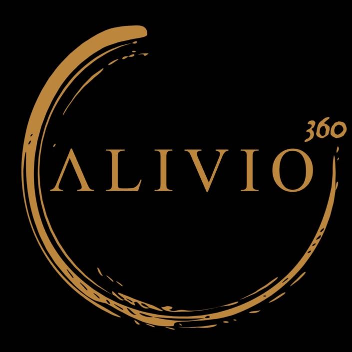 Et logo til alivio 360 med en guldcirkel på sort baggrund
