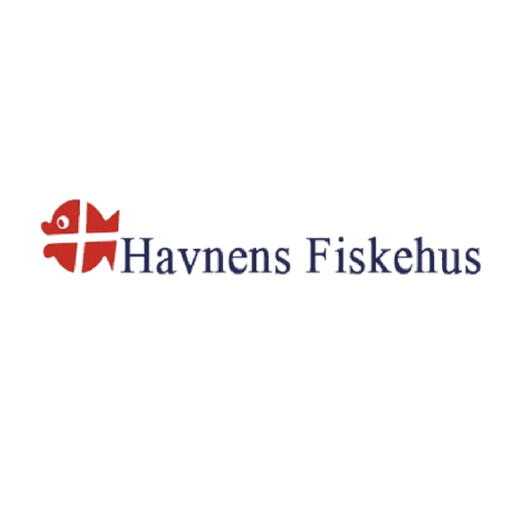 A logo for havnens fiskehus with a red cross
