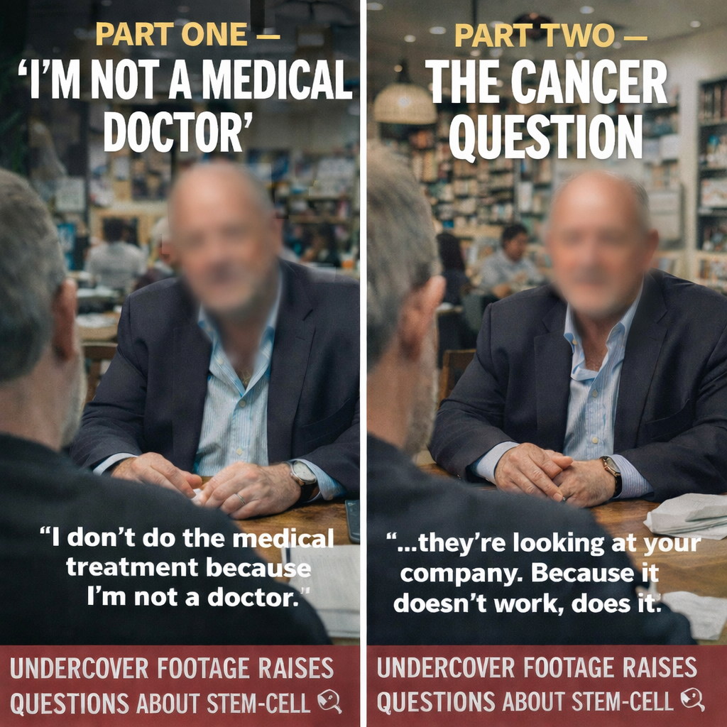 Two panels: Blurred man at table. Text: 