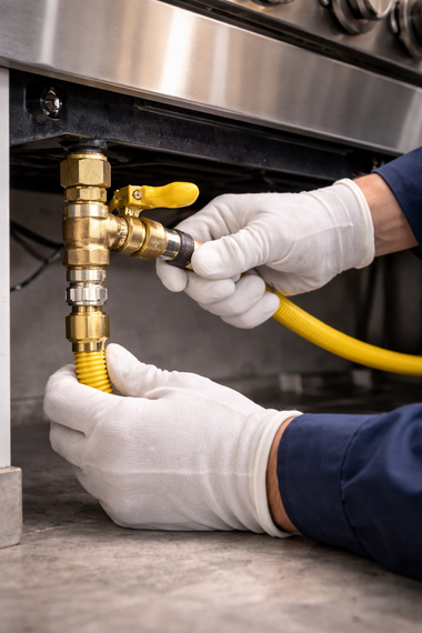 A person in white work gloves connects a yellow flexible gas hose to a brass valve fitting beneath a stainless steel stove.