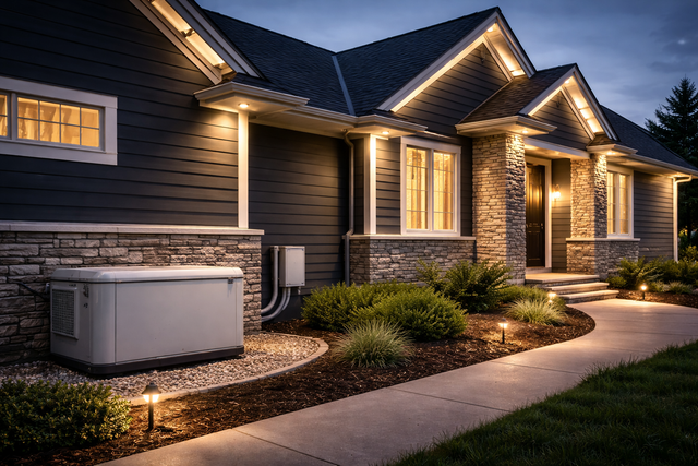 A dark blue house with stone accents and exterior lighting at dusk, featuring a backup generator on a stone bed.