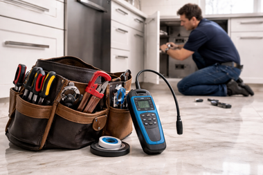 A tool bag with a gas leak detector sits on a floor in the foreground while a service technician works under a cabinet.