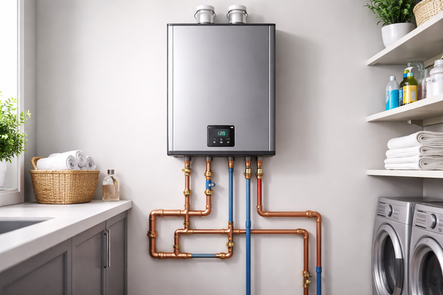 A wall-mounted tankless water heater with copper piping, located in a laundry room next to a counter and a washing machine.